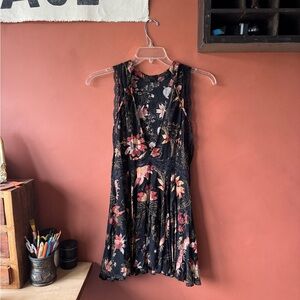 Free People Black Floral Lace-Trim Mini Dress with Pink & Cream Blooms